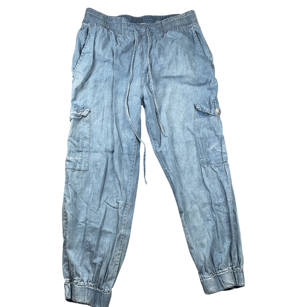 BiBi Cargo Jogger Pants Womens‎ Medium Blue Denim Chambray Elastic Waist IP1063